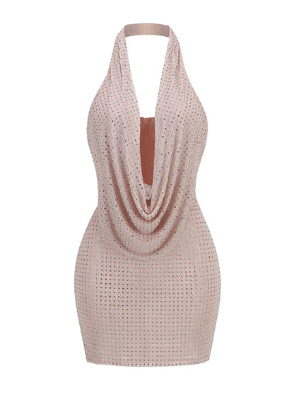 Sexy Halter Neck Low Cut Diamonds Mini Nude Christmas Party Dress Pink / S Dresses-L