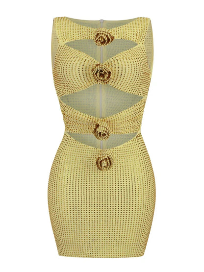 Sexy Luxury Diamonds 3D Flowers Mini Dress Sleeveless Cut Out Sparkly Christmas Party Light Green /
