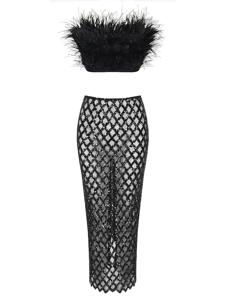 Sexy Luxury Sequins Feather Strapless Top Skirt Two Piece Set Christmas Party Dress Black / S