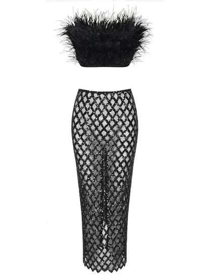 Sexy Luxury Sequins Feather Strapless Top Skirt Two Piece Set Christmas Party Dress Black / S