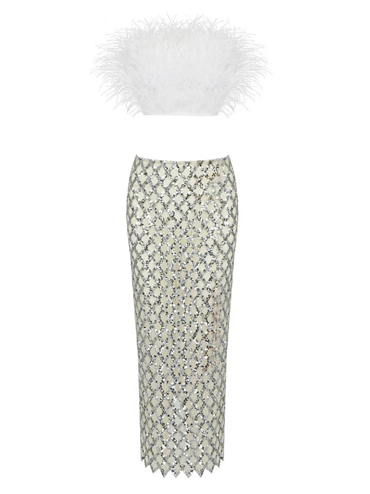 Sexy Luxury Sequins Feather Strapless Top Skirt Two Piece Set Christmas Party Dress White / S