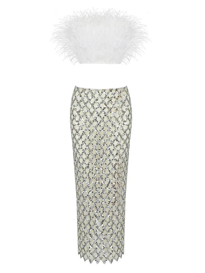 Sexy Luxury Sequins Feather Strapless Top Skirt Two Piece Set Christmas Party Dress White / S