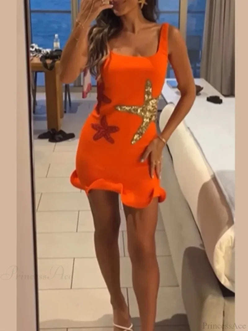 Sexy Mini Fashion Shiny Sequins Printed Strap Summer Chic Sleeveless Christmas Party Dress Dresses-L