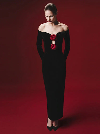 Sexy Off Shoulder V Neck Hollow Out Flower Dress Women Christmas Party Dresses-L