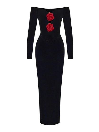 Sexy Off Shoulder V Neck Hollow Out Flower Dress Women Christmas Party Black / Xs Dresses-L