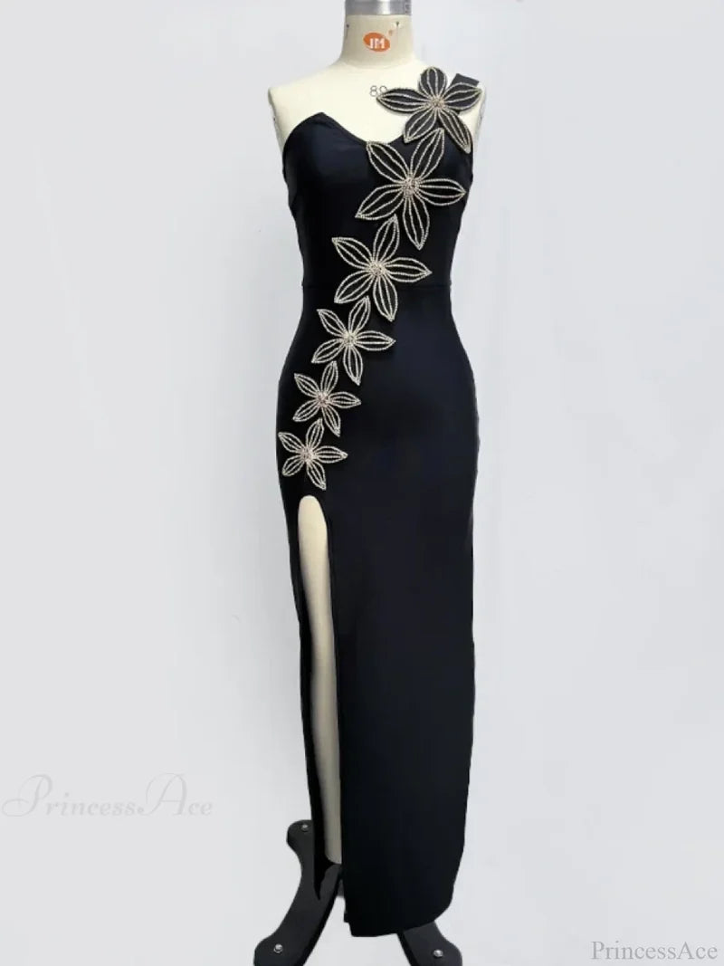 Sexy One Shoulder Sleeveless Diamonds Flower Bandage Black High Slit Christmas Party Dress Black / S