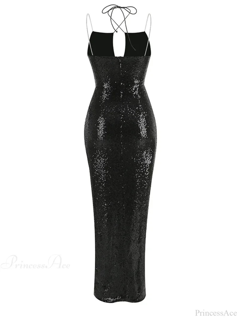 Sexy Sleeveless Cut Out Black Sequins Elegant Backless High Slit Christmas Party Dress Dresses-L