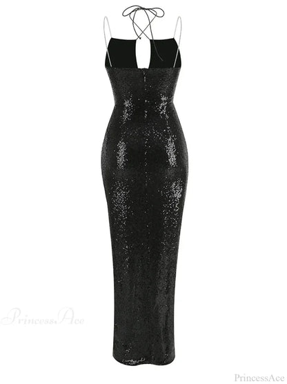 Sexy Sleeveless Cut Out Black Sequins Elegant Backless High Slit Christmas Party Dress Dresses-L
