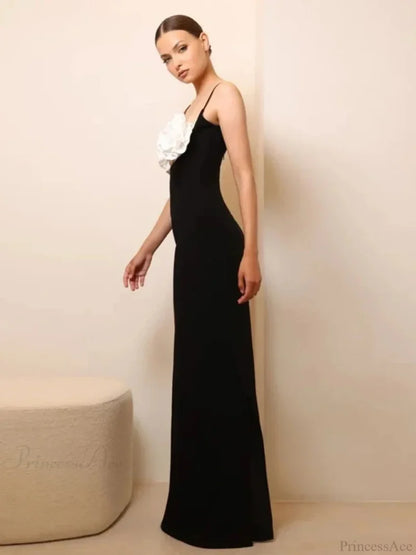 Sexy Spaghetti Strap 3D Flower Bandage Maxi Black Sleeveless Christmas Party Dress Dresses-L