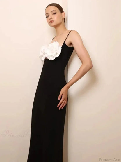 Sexy Spaghetti Strap 3D Flower Bandage Maxi Black Sleeveless Christmas Party Dress Dresses-L