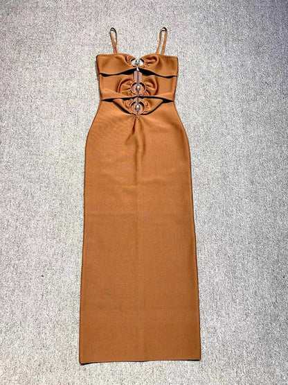 Sexy Spaghetti Strap Hollow Out Bandage Black Green Sleeveless Christmas Party Dress Brown / S
