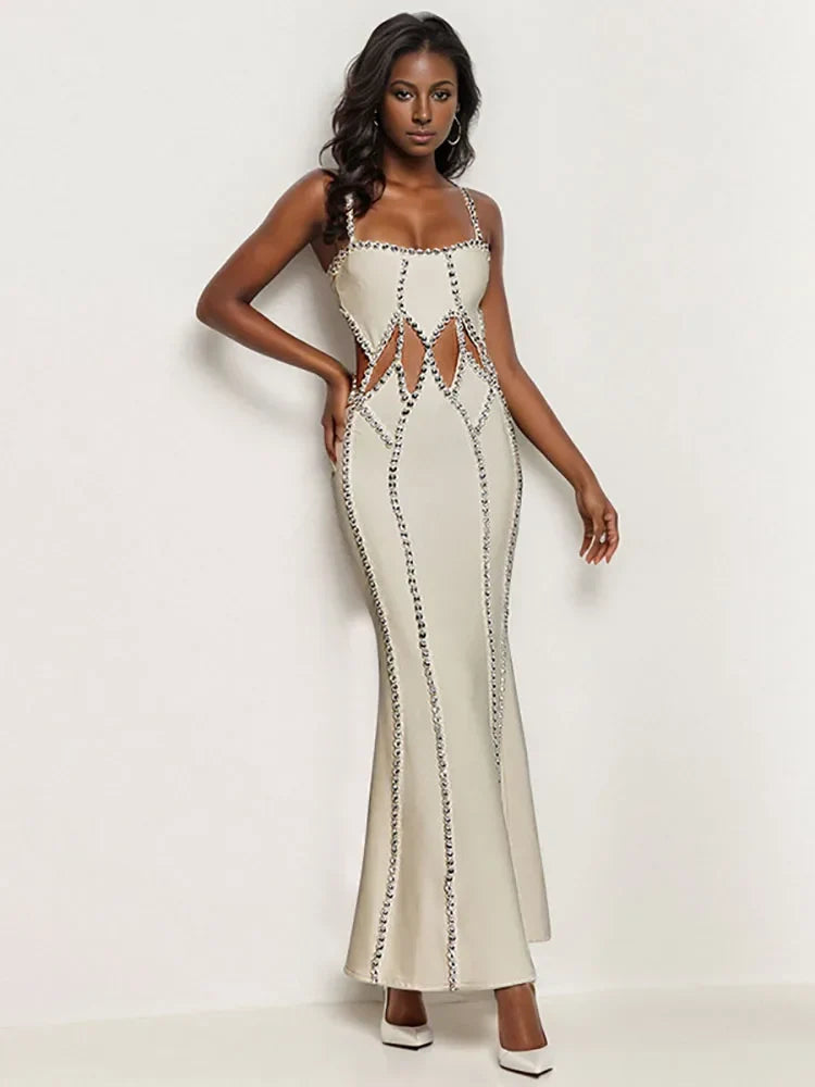 Sexy Spaghetti Strap Hollow Out Crystal Bandage Dress Sleeveless Christmas Party Dresses-L