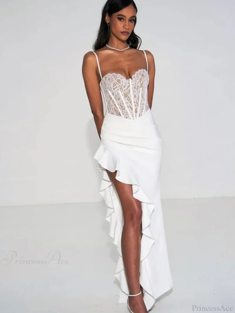Sexy Spaghetti Strap Lace Patchwork Long Dress Sleeveless Ruffles Christmas Party Dresses-L