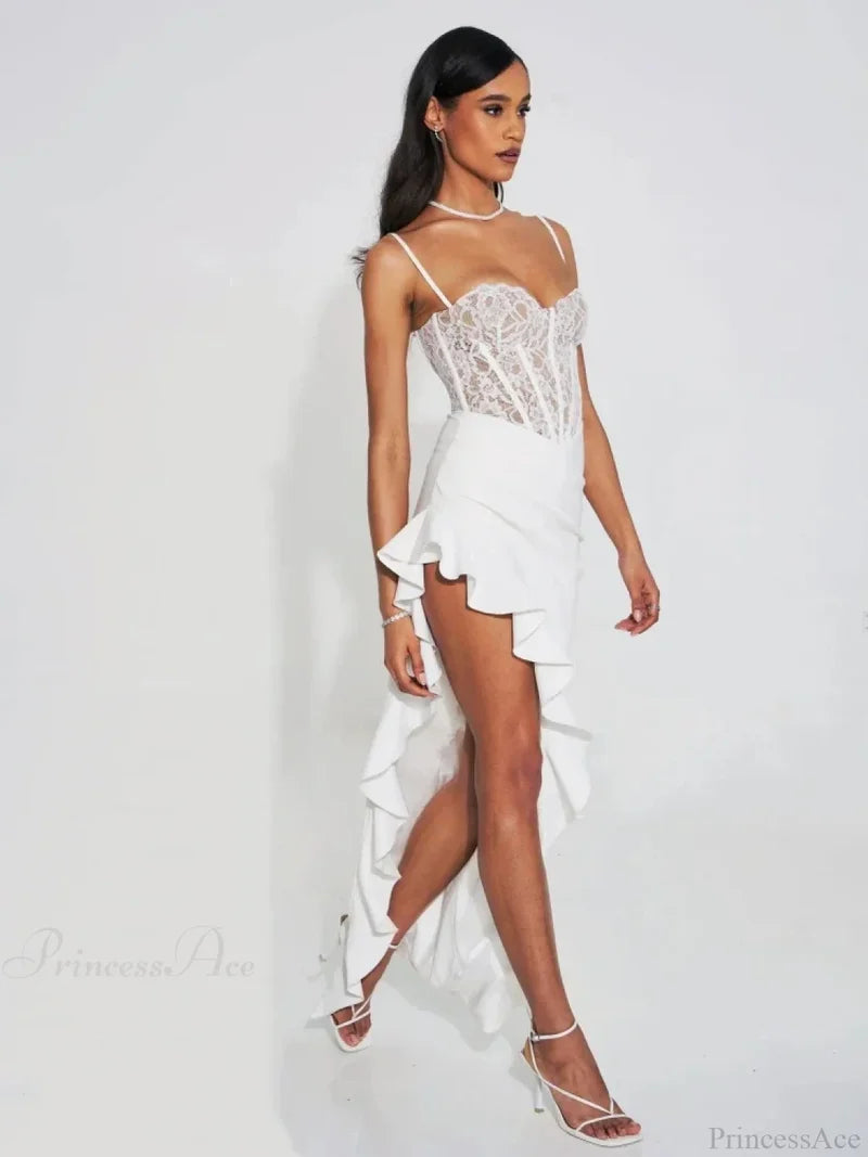 Sexy Spaghetti Strap Lace Patchwork Long Dress Sleeveless Ruffles Christmas Party Dresses-L