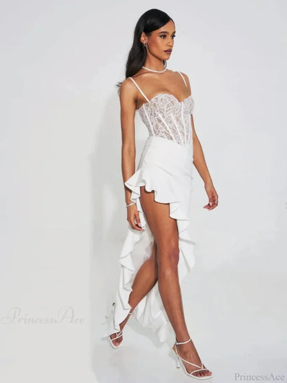 Sexy Spaghetti Strap Lace Patchwork Long Dress Sleeveless Ruffles Christmas Party Dresses-L