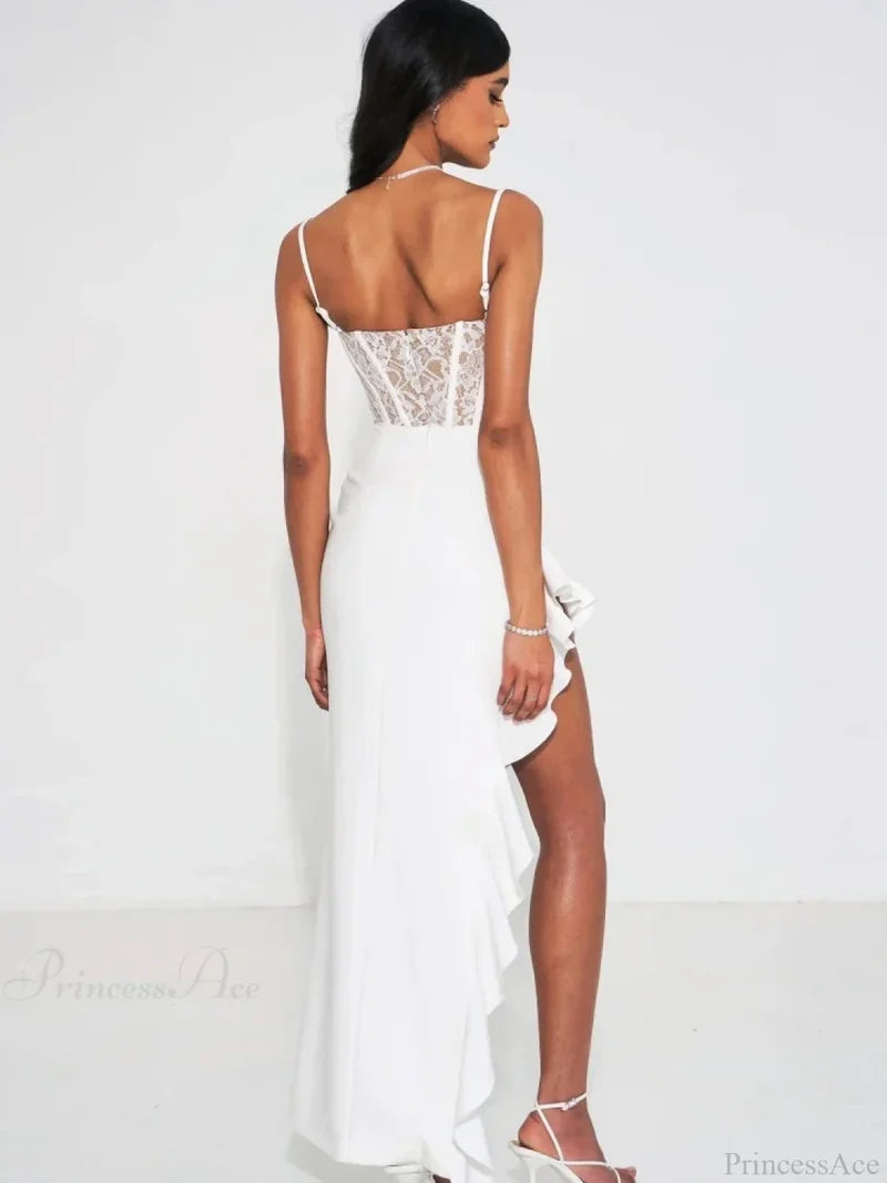 Sexy Spaghetti Strap Lace Patchwork Long Dress Sleeveless Ruffles Christmas Party Dresses-L