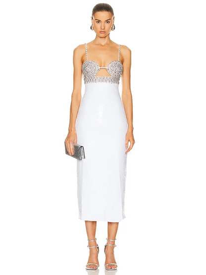 Sexy Spaghetti Strap Luxury Diamond Sequin Dress White Backless Midi Christmas Party Dresses-L