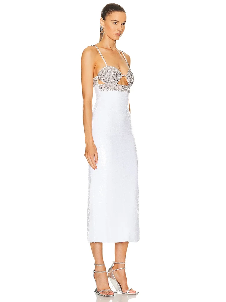 Sexy Spaghetti Strap Luxury Diamond Sequin Dress White Backless Midi Christmas Party Dresses-L