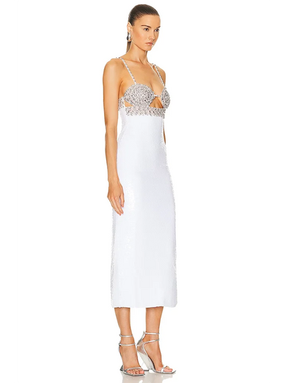 Sexy Spaghetti Strap Luxury Diamond Sequin Dress White Backless Midi Christmas Party Dresses-L
