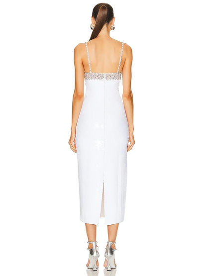 Sexy Spaghetti Strap Luxury Diamond Sequin Dress White Backless Midi Christmas Party Dresses-L