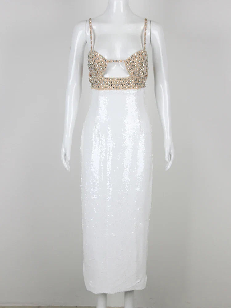 Sexy Spaghetti Strap Luxury Diamond Sequin Dress White Backless Midi Christmas Party Dresses-L