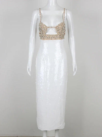 Sexy Spaghetti Strap Luxury Diamond Sequin Dress White Backless Midi Christmas Party Dresses-L