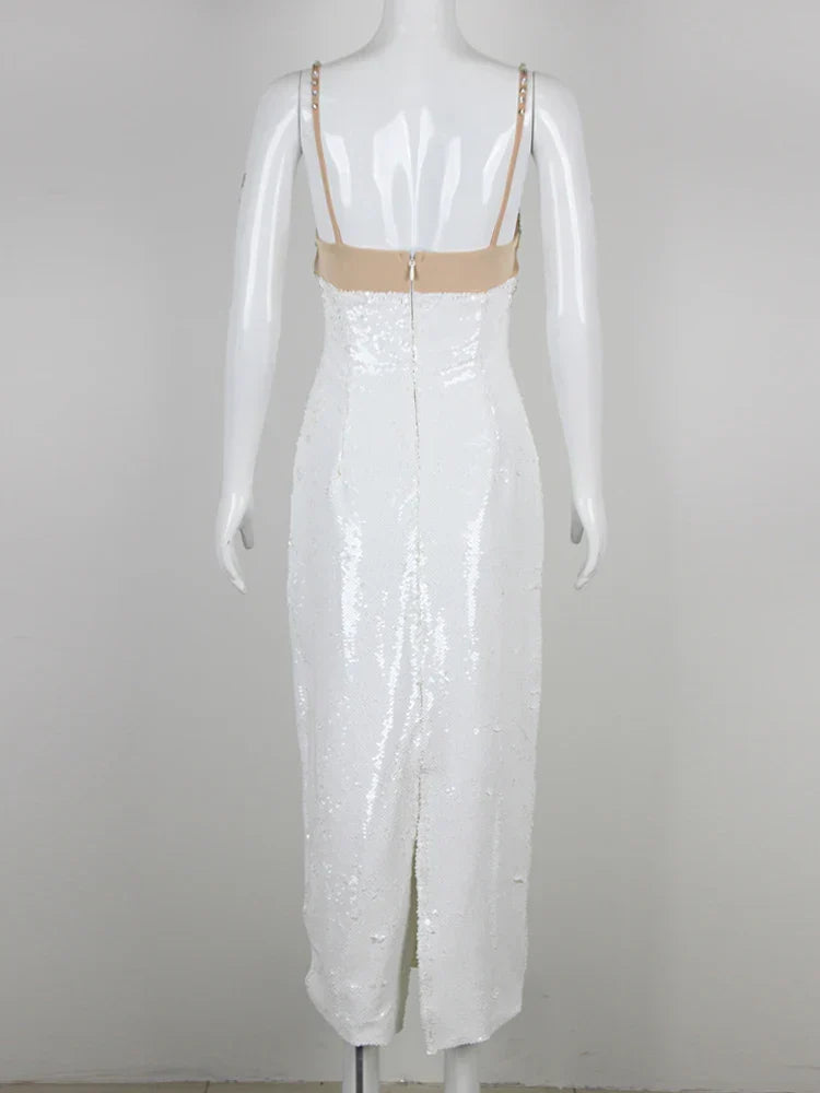 Sexy Spaghetti Strap Luxury Diamond Sequin Dress White Backless Midi Christmas Party Dresses-L