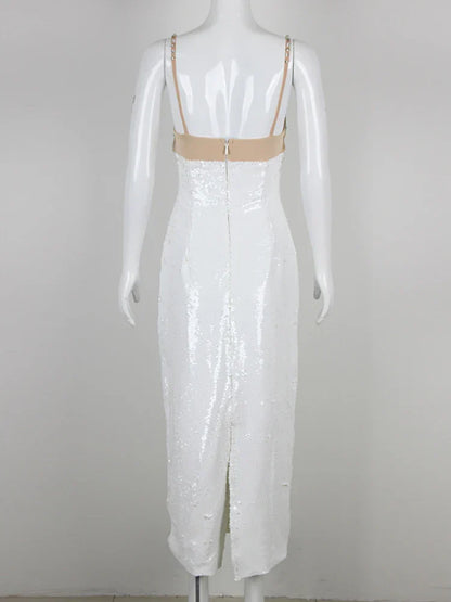 Sexy Spaghetti Strap Luxury Diamond Sequin Dress White Backless Midi Christmas Party Dresses-L