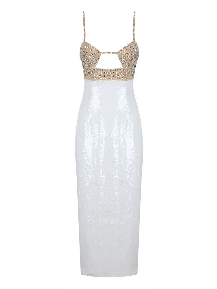 Sexy Spaghetti Strap Luxury Diamond Sequin Dress White Backless Midi Christmas Party White / S