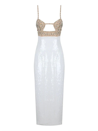 Sexy Spaghetti Strap Luxury Diamond Sequin Dress White Backless Midi Christmas Party White / S