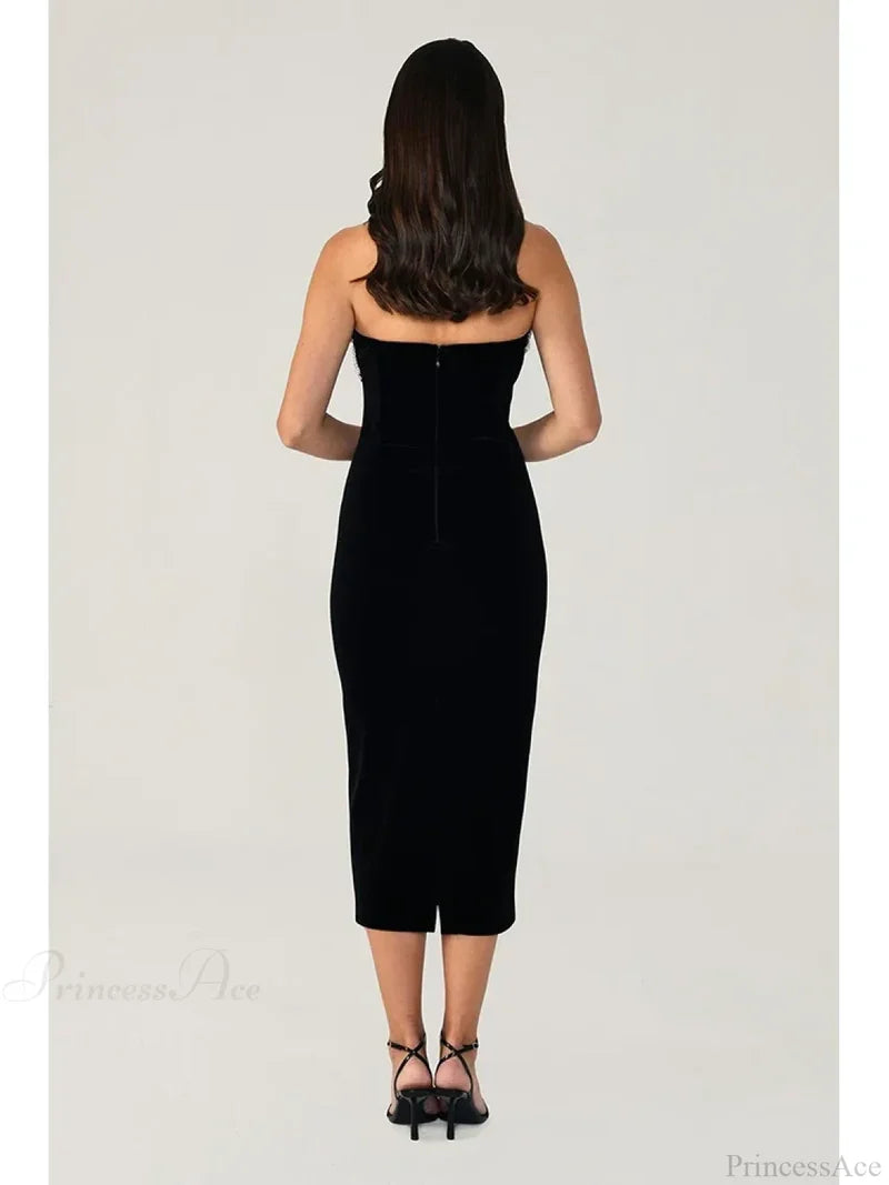 Sexy Strapless Diamonds Chain Bandage Black Sleeveless Backless Christmas Party Dress Dresses-L