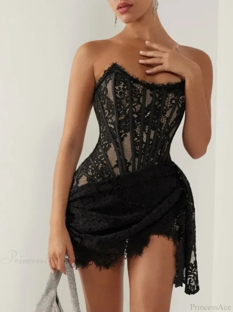 Sexy Strapless Lace Corset Mini Dress Sleeveless Lace-Up Draped Bodycon Christmas Party Black / Xs