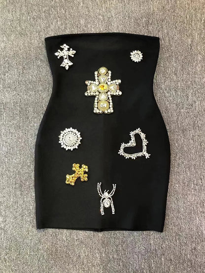 Sexy Strapless Luxury Diamonds Bandage Black Sleeveless Beaded Mini Evening Christmas Party Dress /