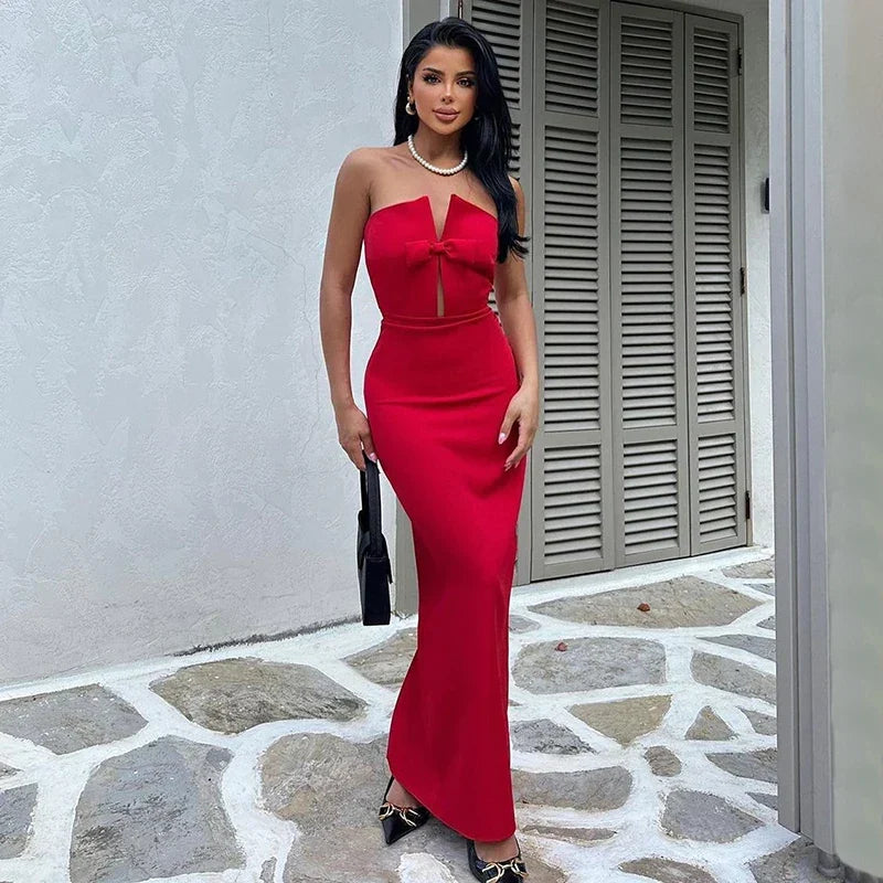 Sexy Strapless Slim Hollow Out Maxi Red Christmas Party Dress / S Dresses-L