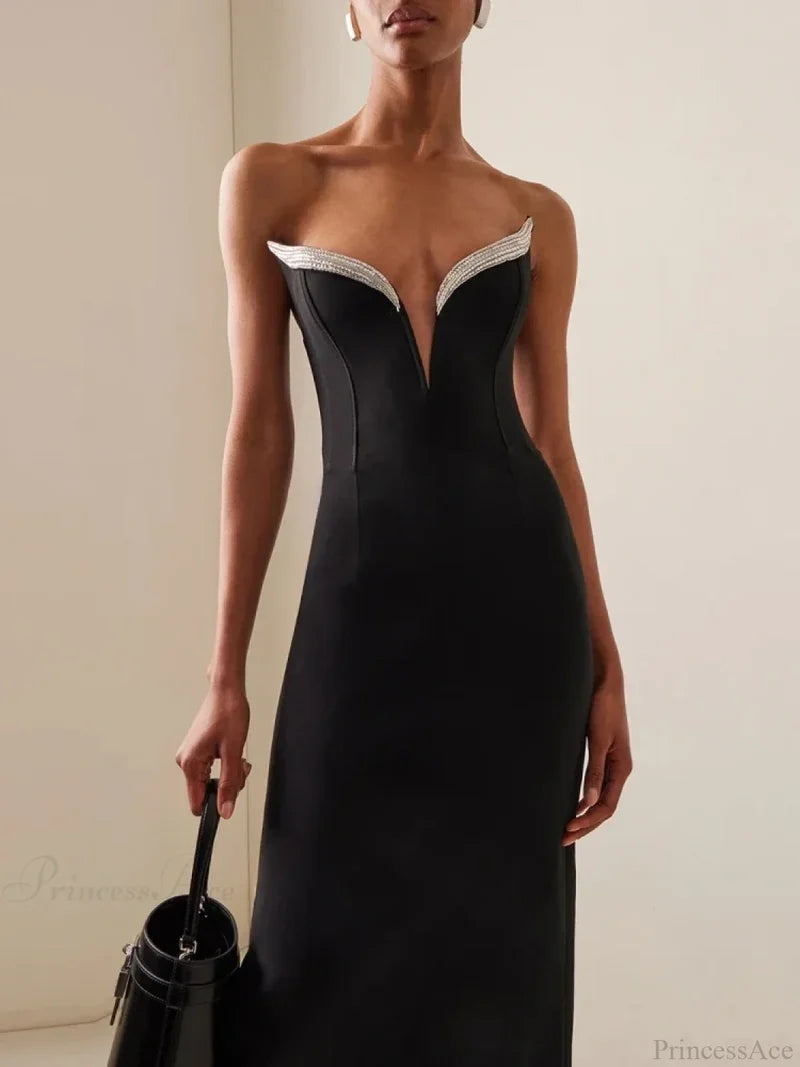 Sexy Strapless V Neck Diamonds Bandage Black Sleeveless Christmas Party Dress Dresses-L