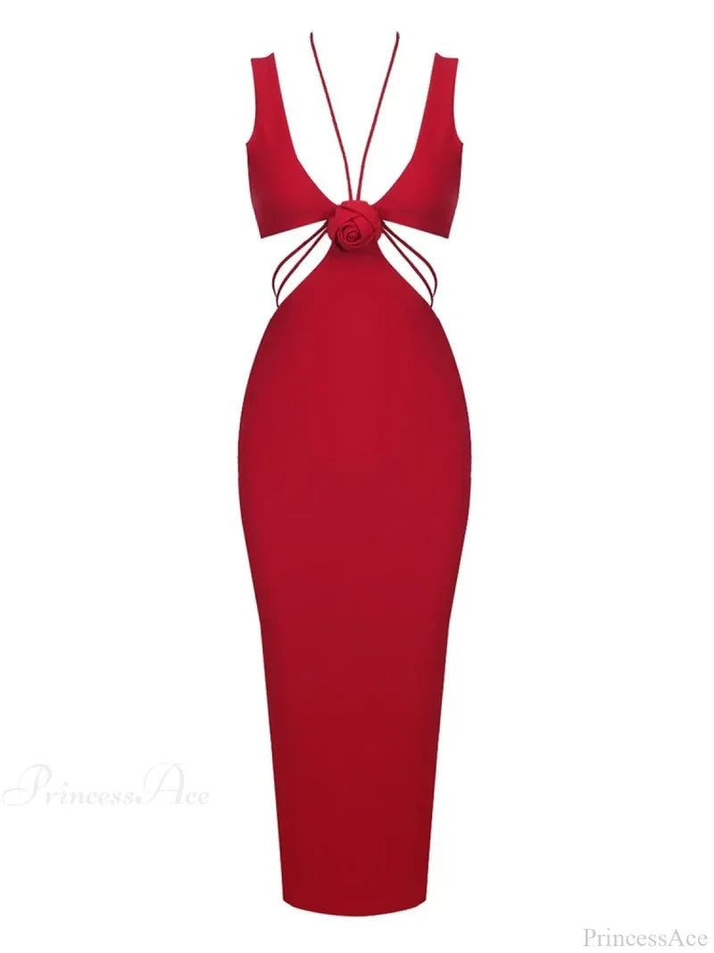 Sexy V Neck Flower Hollow Out Design Midi Dress Halter Christmas Party Red / S Dresses-L