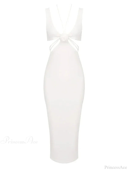Sexy V Neck Flower Hollow Out Design Midi Dress Halter Christmas Party White / S Dresses-L