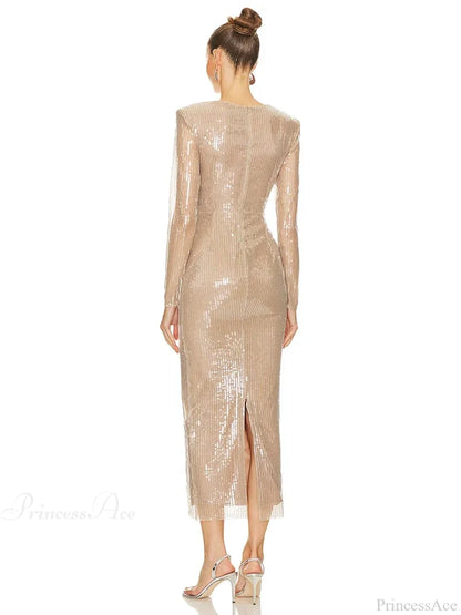 Sexy V Neck Sequins Cutout 3D Flower Dress Long Sleeves Christmas Party Dresses-L