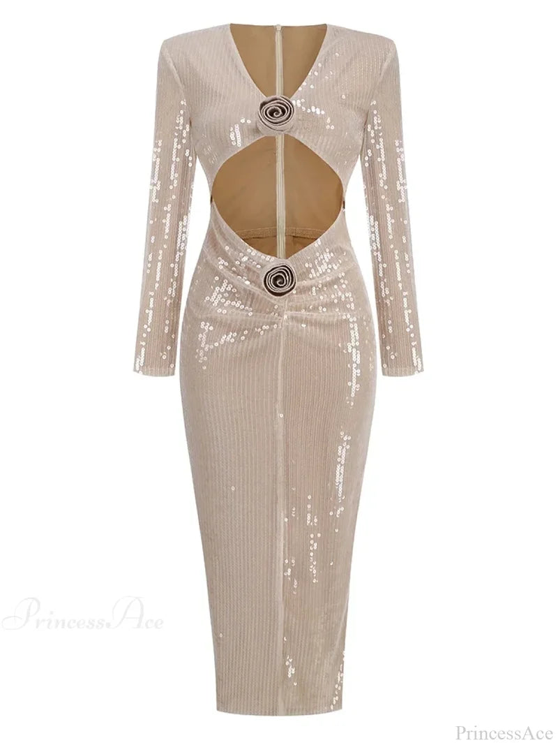 Sexy V Neck Sequins Cutout 3D Flower Dress Long Sleeves Christmas Party Khaki / S Dresses-L