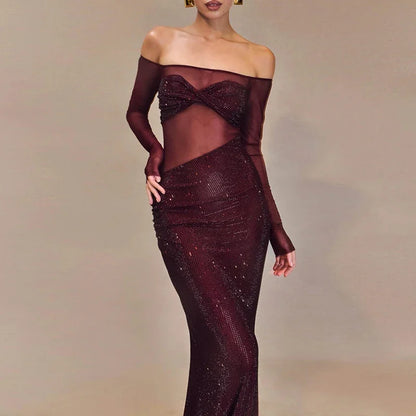 Sheer Mesh Sequin Banquet Party Dress Partydress-241208