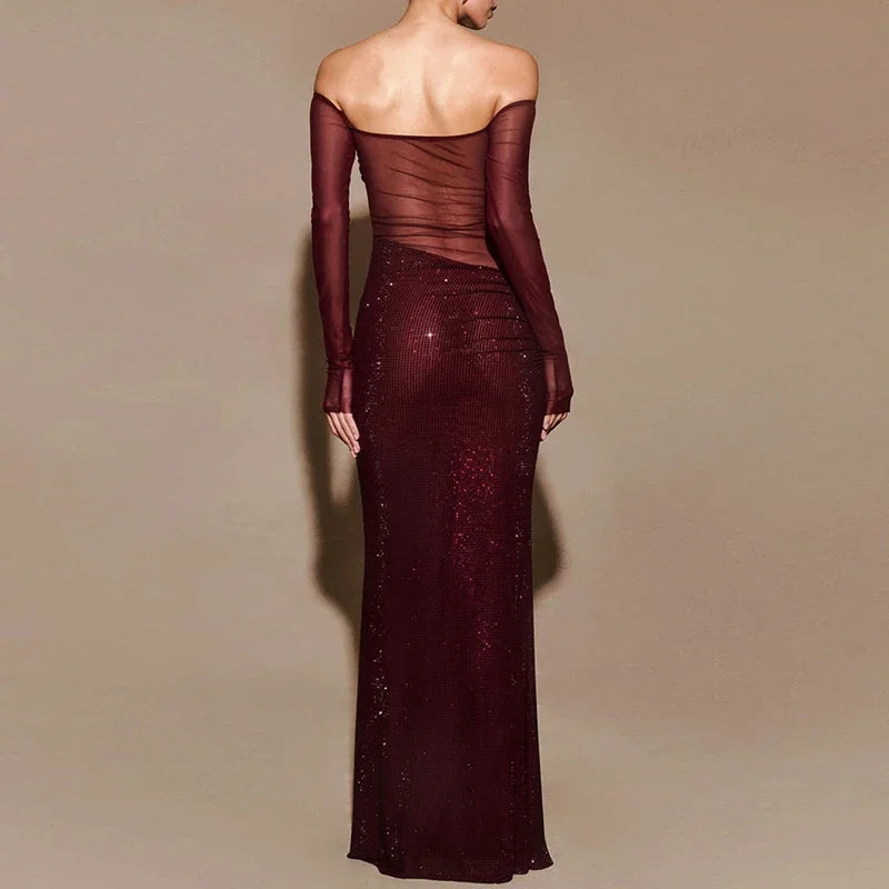 Sheer Mesh Sequin Banquet Party Dress Partydress-241208