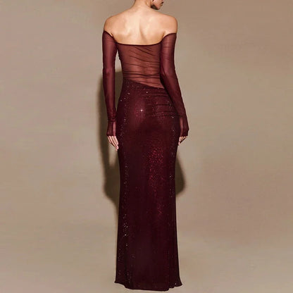 Sheer Mesh Sequin Banquet Party Dress Partydress-241208