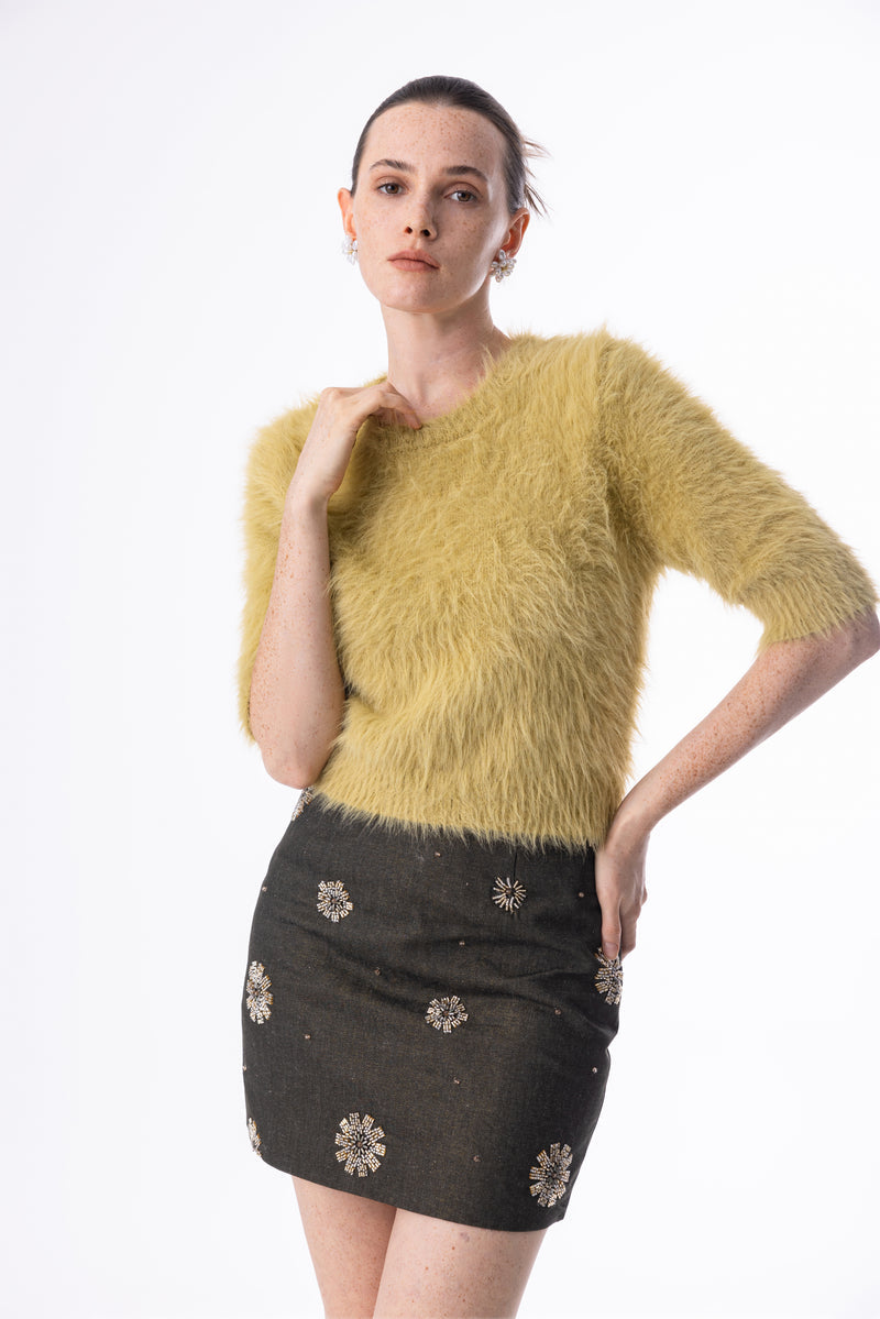 Short-sleeve fuzzy knit sweater