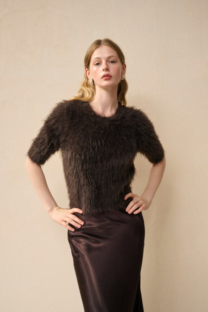 Short-sleeve fuzzy knit sweater