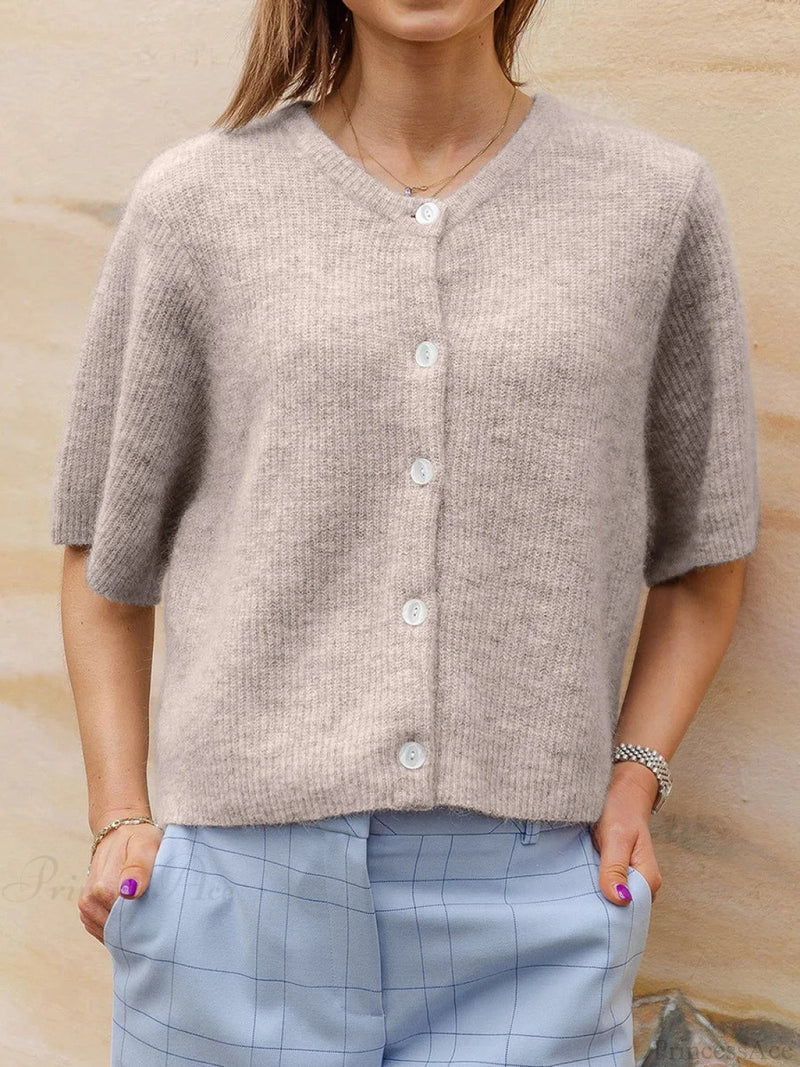 Short Sleeve Round Neck Button-Down Cardigan beige / S