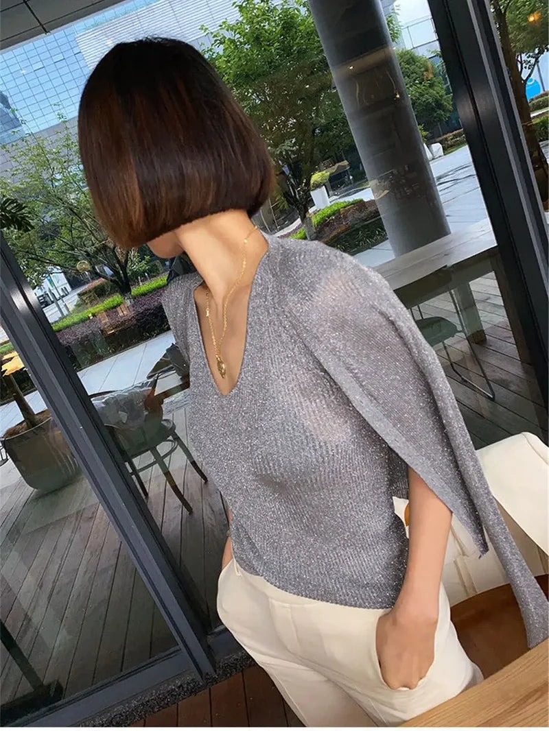Silk Pearl Button V-Neck Cardigan Cardigan-241208