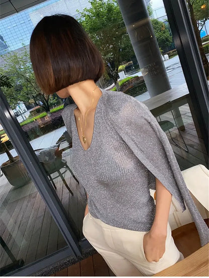 Silk Pearl Button V-Neck Cardigan Cardigan-241208