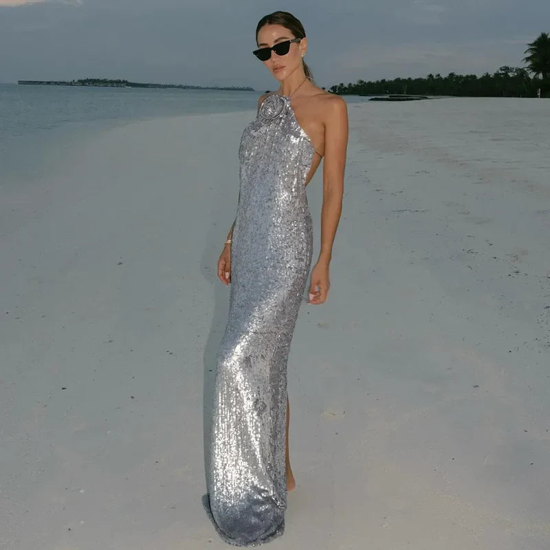 Silver Sequin Backless Evening Party Dress Partydress-241208