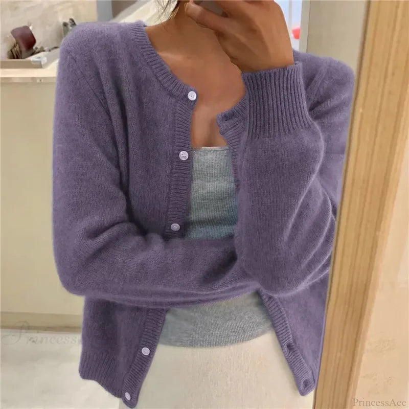 Single Breasted Solid Round Neck Knitted Cardigan cardiagn-250126