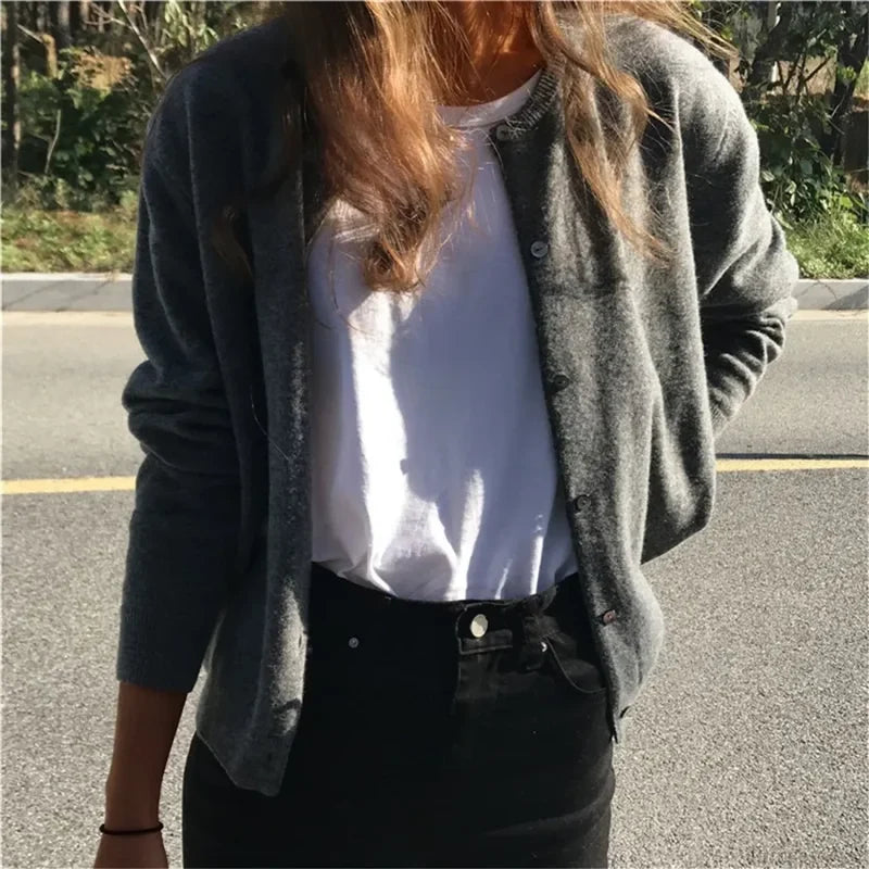 Single Breasted Solid Round Neck Knitted Cardigan cardiagn-250126